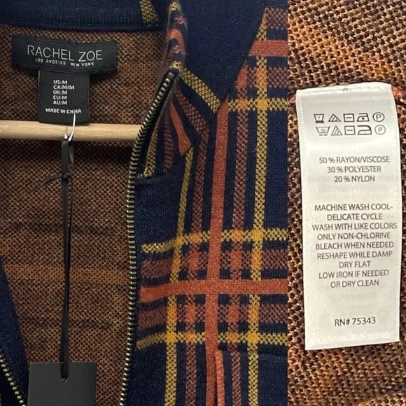 Rachel Zoe Plaid Zip Sweater Cardigan Jacket Knit Shacket. Orange & Navy. Medium - Picture 12 of 16